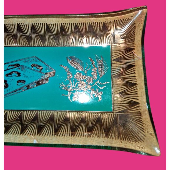 Mcm 1960s Teal Gold Glass Cheese Tray Rectangular 9x7 Inches Mid Century Style H - Picture 4 of 6
